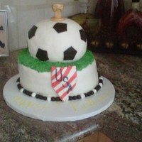 World Cup Bday Cake Soccer ball made out of rice krispees and wrapped in MMFCake was buttered vanilla with whipped cream chocolate crunch filling. Cake wrapped...