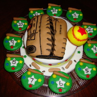 Softball Glove & Ball Cake This is a cake I made for a softball party... The ball and glove are both made from rice crispy treats covered in fondant.