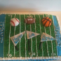 Sports Fan Cake 6th Birthday cake for a little boy who is a sports nut. white cake filled with strawberry creme, iced with buttercream. the sports balls...