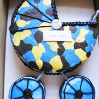 Camo Baby Stroller Chocolate cake filled with strawberry cream, iced in buttercream....customer wanted blue/brown camo stroller cake. Stroller handle made...