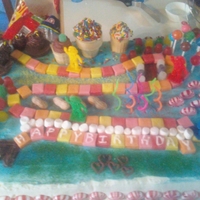 Candy Land Dum Dums, PB Cups, Dots, peppermints, empty ice cream cones, colored sugar, blue spray color, marshmellows, Starburst road. The peppermints...