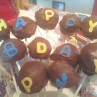 Chocolate Cake Balls This is for my nephews 15th b-day. It's in a Chinese take out container. Chocolate cake with strawberry frosting. Dipped in Chocolate...