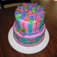 Stripes And Dots With Ribbon Roses Buttercream with fondant accents. Made for my sister in laws birthday. The first stacked cake I have ever done.