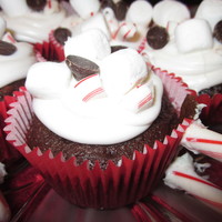 Hot Chocolate Cupcakes These are chocolate/chocolate chip cake, peppermint whipped frosting with candy canes, marshmallows, and chocolate chips on the top! Thanks...