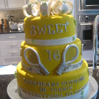 Sweet 16 Birthday This is a red velvet cake made for a Sweet 16 party for twin girls who play tennis. The colors are yellow fondant with white, lime green...