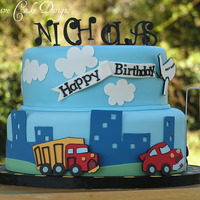 Car's Trucks And Plane Birthday Cake Made to match the lamp. =)Such a fun cake to make... everything but the wires are edible.