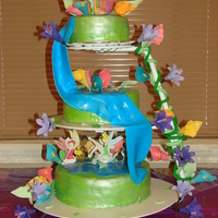 Tinkerbell And Friends Under The Waterfall My niece's first birthday cake. My first three tier cake with gum paste flowers and fondant.