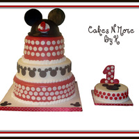 Mickey Mouse Cake This cake was done for my nephew and it is yellow cake with fudge filling. The red tiers are fondant and the middle white and smash cake...