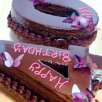 Chocolate Mud And Butterflies chocolate mud iced in chocolate ganache, decorated with butterflies...very big feeds 130 people..