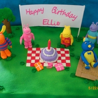Backyardigans For a friend at work whose daughter is three, loves the backyardigans. The figures are fondant the lettering on the banner and the leaves...