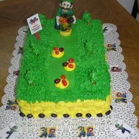 Luigi From Nintendo I made this cake in buttercream icing with a basketweave around the cake and grass on top. I modeled Luigi in fondant.