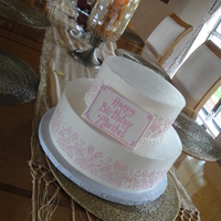 Damask Pattern Swiss buttercream decorations, white chocolate plaque with message