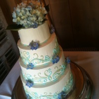 Swirls A 4-tiered wedding cake, decorated with scrolling in grass green and ocean blue.