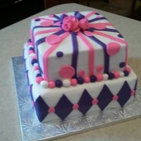Pink And Purple Bday Cake 8" and 10" square, iced in buttercream with fondant accents. First attempt at fondant roses. Liked the way they came out other...