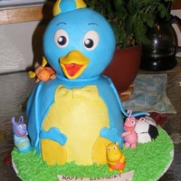 Backyardigans: Pablo Cake Sculpted Vanilla Butter Cake, Vanilla BC, covered in MMF. Sugar Paste characters.