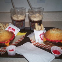 Hamburger And Fries yellow cake bun, chocolate brownie burger, shortbread cookie fries and chocolate pudding with PB frosting rootbeer