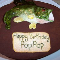 Mounted Bass Gumpaste fish covered in glucose, yellow cake, chocolate icing, brushed with cocoa.