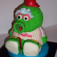 Phillie Phanatic The cake is half yellow butter cake and half devils food. I used the Build A Bear pan and carved it to shape. The nose is a green ice cream...