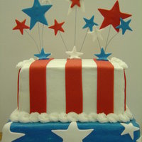 Happy 4Th Of July Yellow cake with butter cream icing. The accents are made of fondant or fondant/gumpaste mix. The white and blue background is smoothed...