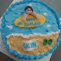 Beach/surfing Cake Made for a 9 year old boy who wanted a surfing themed cake. The cake is a chocolate cake with buttercream icing.