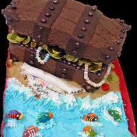 Treasure Chest Cake chocolate buttercream icing, chocolate clay straps, lid is made of RKT