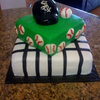 Baseball Cake Chocolate cake with strawberry whipped cream filling covered in MMF. Baseballs around the cake made from candy molds. Baseball on top of...