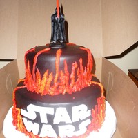 Star Wars- The Musical! Used design idea of others in the gallery. 6" and 8" black fondant with bc flames (red, yellow, and orange in same bag with leaf...