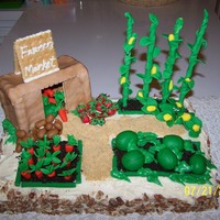 Farmers Market Carrot Cake w/ cream cheese icing. shed is graham crackers covered in marbled fondant. Veggies are from fondant