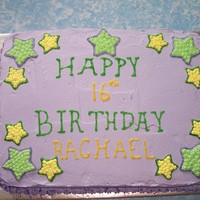 Simple Sweet 16, April 2009 11x15" vanilla cake with purple-tinted vanilla whipped cream. I used various star cookie cutters and made indentations in the corners...