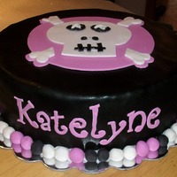 Black And Pink Skull Cake Buttercream flavored Fondant black is airbrused on. Cake is a 2 layer strawberry