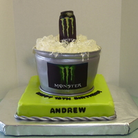 Monster Energy Drink Birthday Cake Bucket is 1-8in and 2-9 in rounds of white chocolate cake with raspberry mousse filling covered with white chocolate ganache, sitting on a...