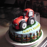 Tractor Cake This is my first attempt at making a tractor. The cake is covered and decorated in buttercream. The tractor is rice cereal treats, covered...