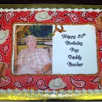 80Th Birthday Cake This is an edible image of the birthday man. They were having a cowboy sort of theme and the invitation had the bandana print and hats and...