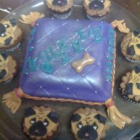 Pug Cakes And Pillow Cake doggie bed cake covered in fondant and pug cupcakes