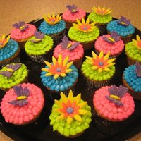 Birthday Cupcakes My daughter loves flowers and butterflies. I made both for her birthday. Made from fondant. Icing tinted with gel tints.