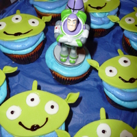 Toy Story Martians Iced with bc to look like the outfits. Head is fondant. I used a football cookie cutter for the head and a leaf cutter for the ears. The...