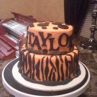 Neon Orange Zebra Dot Cake This cake was neon orange, with black zebra stripes and polka dots ! The bottome is devils food cake with buttercream and top was vanilla...