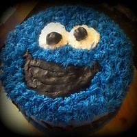Cookie Monster 2 layer white cake with buttercream icing. It was a last minute birthday cake for my 15 year old nephew..