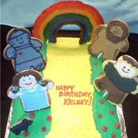 Wizard Of Oz Birthday Cake homemade icing, sugar cookie characters, mmf accents on sides, and hard candy rainbow