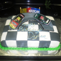 Nascar Cake This is a little boys Nascar cake. The cake was vanilla with butter cream filling and was all fondant decor. The cares were toys.