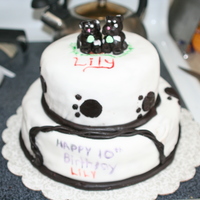 Lily's 10Th Bday Cake I made for a little girl's 10th birthday. Used puppy paw prints going up. All decorations and cake covered in MMF. Vanilla cake...