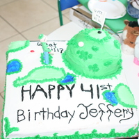Over The Hill Golfer Cake that was done for a golfer that was turning 41. Vanilla cake with vanilla cream cheese mousse filling. All buttercreme except figures...