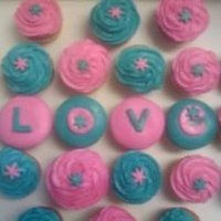 Love Some bright cupcakes I did for the Ladies of Vibrant Ent ( hints L.O.V.E ) Plain ol vanilla cupcakes and vanilla BC w MMF decorations