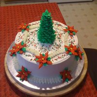Christmas Cake Tres Leche cake with pina colada filling and whipped cream frosting.. Tree is made with a ice cream cone and royal icing