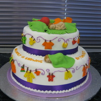 Baby Shower Made Butter Vanilla sponge for bottom layer and chocolate for top layer. Covered with Fondant. All accessories including baby is made from...