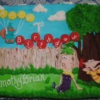 Phineas And Ferb Characters, tree trunk, and balloons are fondant. Everything else is buttercream.