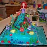 Mermaid whipped cream icing, gummy sea creatures and buttercream on the mermaid's tail.