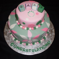 Baby Shower Cake 2 tiered (each 2 layers-bottom was 4"and top was 31/2"of marble cake covered in fondant. All edibled (except the bracelet)