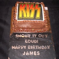 Kiss Birthday Cake 2 layer chocolate cake with whipped chocolate buttercream icing & borders, KISS edible image, greeting in black fondant and of course--...
