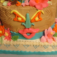 40Th Birthday Luau Tiki Cake for Best Big Sister in the Whole World!! For her Birthday party at the Tiki Beach. bottom: 12x12 white cake, mid: Marble choc/yellow with...